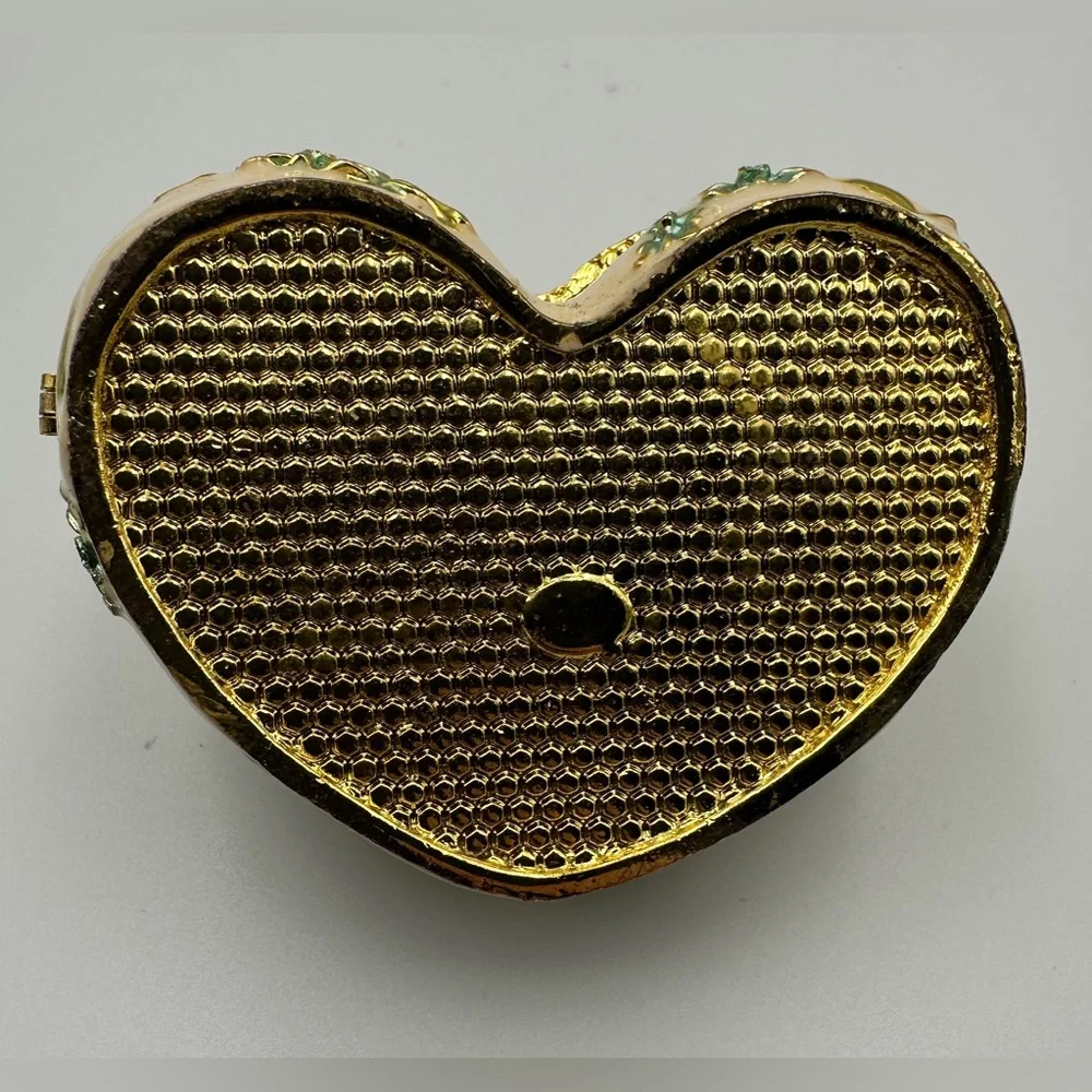 Heart Shape Floral Hinged Trinket Box With Colorful Crystal Jeweled Dragonfly